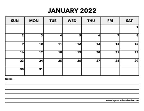 Calendar January 2022 A Printable Calendar