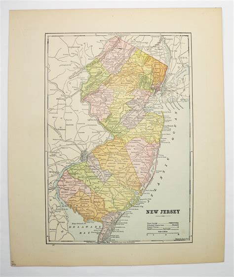 Vintage New Jersey Map 1896 Antique Map Of New Jersey Garden Etsy