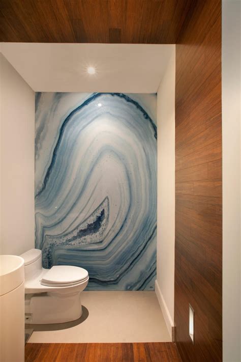 Neutral Modern Half Bathroom With Blue Granite Accent Wall