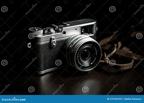 Silver Camera with Strap on Black Surface, Ai Artwork Stock