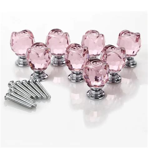 8 Pcsset Door Knobs Pink Rose Crystal Glass Kitchen Cabinet Pulls