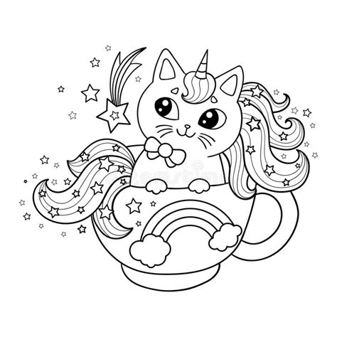 unicorn cat lies   cup black  white image  coloring vector stock vector