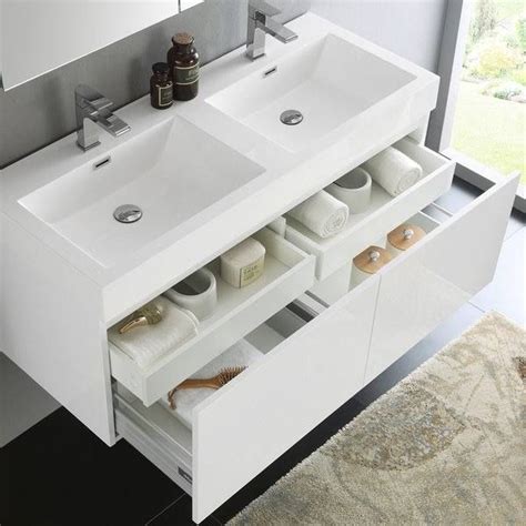 This 48″ medicine cabinet features mirrors everywhere. Fresca Mezzo White 48-inch Wall Hung Double Sink Modern ...