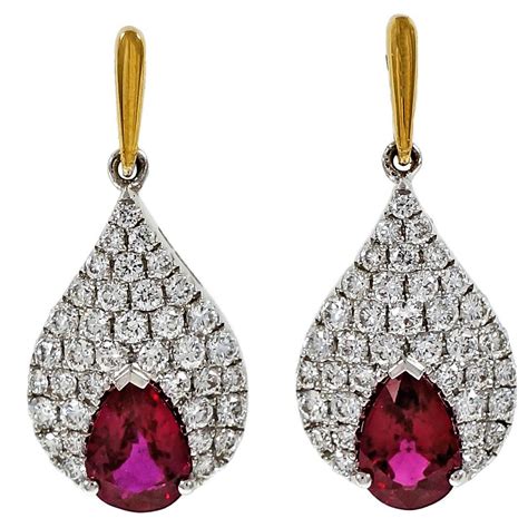Pear Red Ruby Diamond Gold Dangle Earrings For Sale At 1stdibs