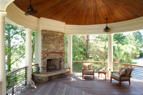 Stacked Stone Outdoor Fireplace Centers Circular Porch Tropical