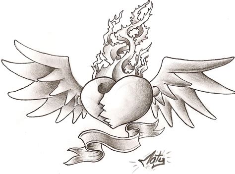 A Heart With Wings And Flames On It Is Shown In This Tattoo Style