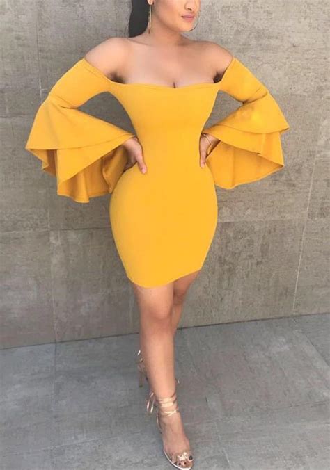 yellow ruffle boat neck off shoulder backless bell sleeve bodycon elegant homecoming party mini