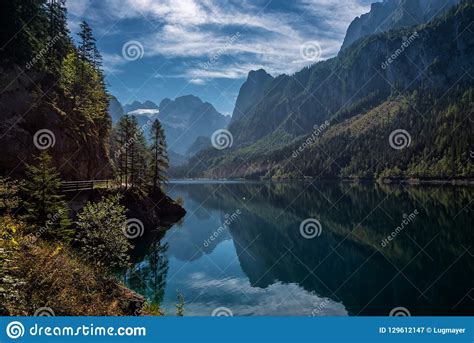 Fantastic Morning On Mountain Lake Gosausee Stock Image Image Of