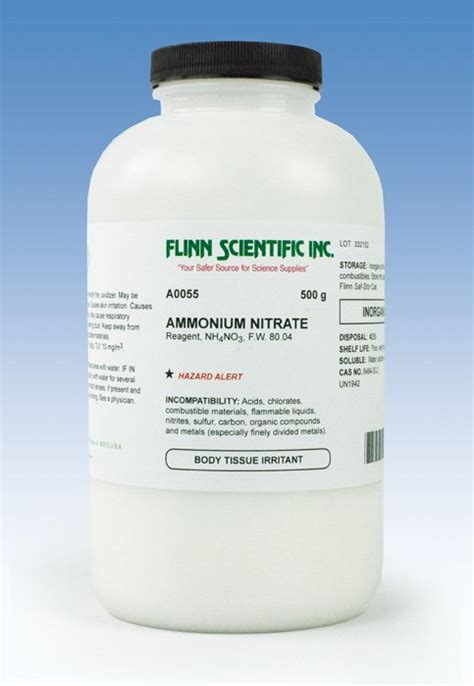 The chemical compound ammonium nitrate, the nitrate of ammonia with the chemical formula nh4no3, is a white powder at room temperature and standard pressure. Flinn Chemicals, Ammonium Nitrate