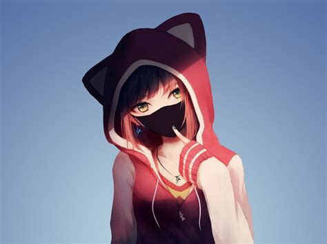 Desktop Wallpaper Anime Girl In Hoodie Mask Original Hd Image