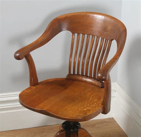 Antique Edwardian Oak Revolving Swivel Office Desk Arm Chair Circa