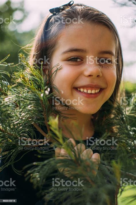 Girl Smiling And Holding Pine Tree Branch Stock Photo Download Image