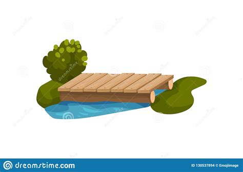 Small Bridge Made Of Wood Planks Blue Pond Green Tree Grass And Bush