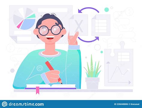 The Guy Sits At His Desk With His Laptop Stock Vector Illustration