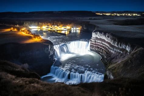 Gullfoss Waterfall At Night Iceland Long Exposure Stock Illustration