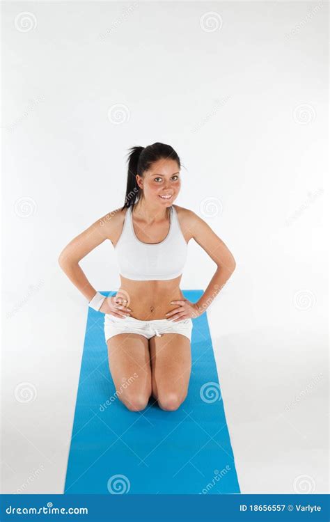 Woman Exercising On Blue Yoga Carpet Stock Image Image Of Copy White