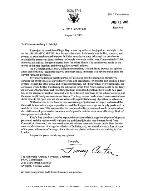 Executive Correspondence Letter From Former President Jimmy Carter To
