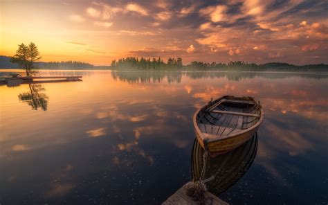 Sunset Reflection Boat In Peaceful Lake Lake Ringerike Norway Landscape Photos Desktop Hd