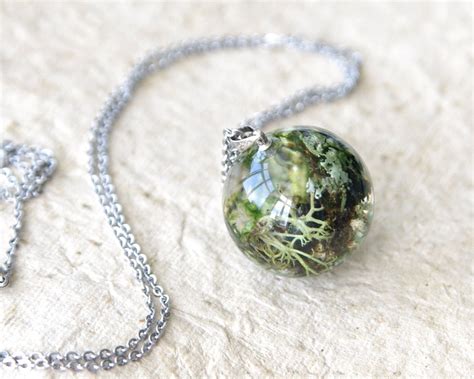Lichen And Moss Sphere Necklace Green Resin Jewelry