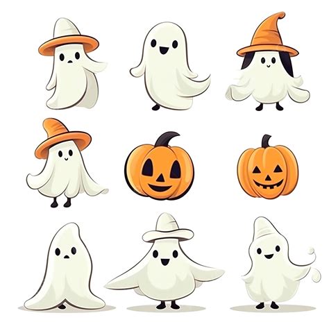 Cute Ghost Character Vector Halloween Set Ghosts With Pumpkins And Hats