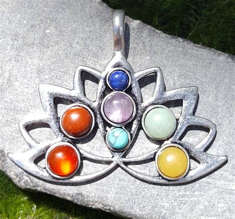 Silver Lotus Flower Pendant With 7 Chakra Gemstones Chakra Etsy
