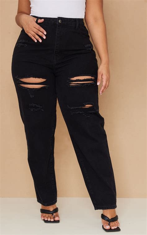 Plt Plus Washed Black Ripped Mom Jeans Prettylittlething