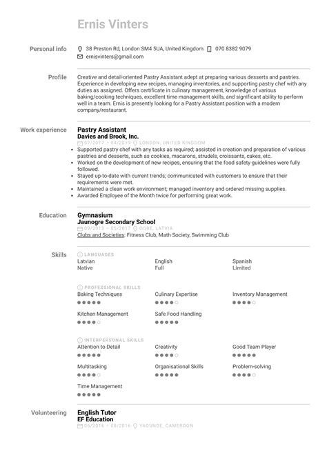 Pastry Assistant Resume Sample Kickresume