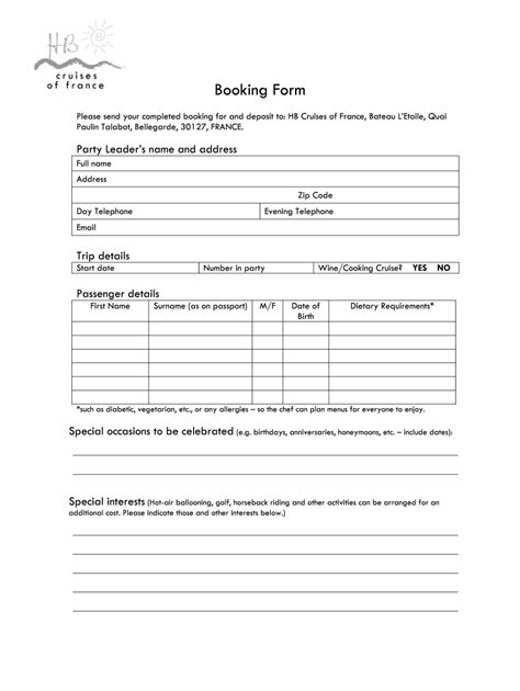 Free Printable Booking Forms Printable Forms Free Online