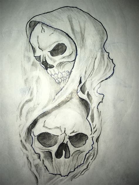 A Pencil Drawing Of Two Skulls With Hoods On