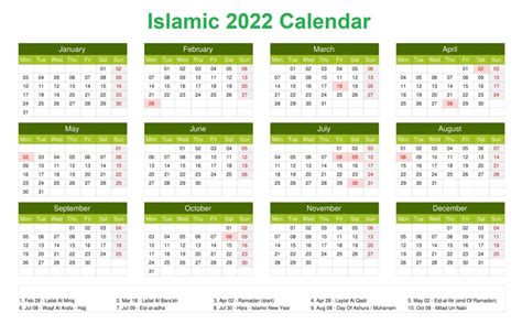 Printable Islamic 2022 Calendar In Pdf Hijri Calendar 1443