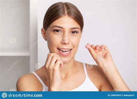 Smiling Women Use Dental Floss White Healthy Teeth Stock Image Image Of Lips Face 238659543