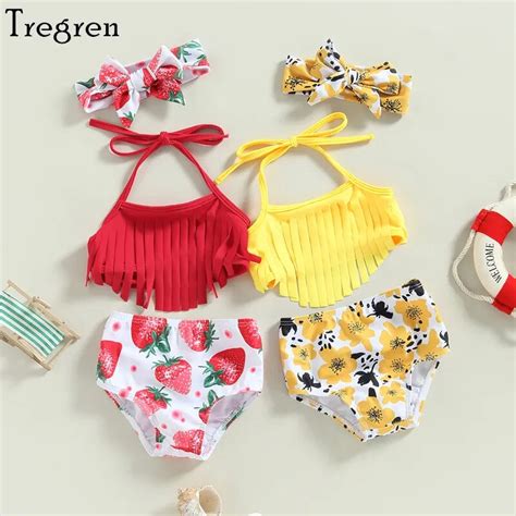 Tregren Toddler Baby Girls Swimsuit Tassel Top Strawberry Flower Print