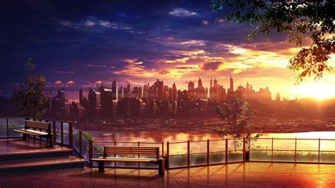 Futuristic Anime Cityscape At Sunset Wallpaper Backiee