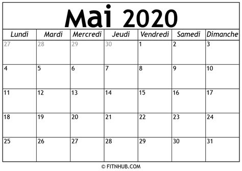 Calendrier Mai 2020 à Imprimer Calendrier 2020 à Imprimer