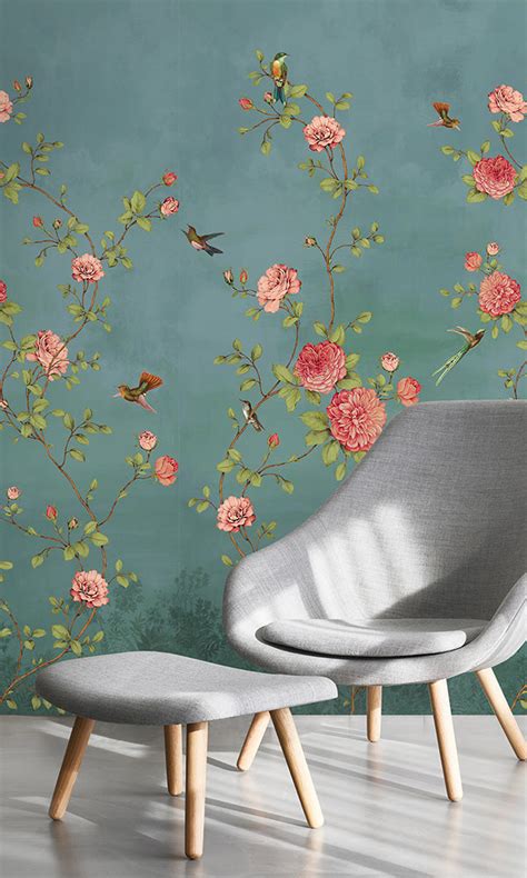 Vintage Chinoiserie Wallpaper Mural Fiore Turquoise Rose Garden