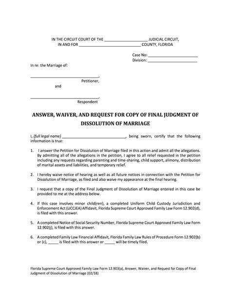 Fillable Online Florida Answer Waiver And Request For Copy Of Final Judgment Of Dissolution Of