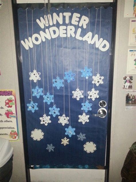 winter wonderland classroom theme for our door at the preschool snowflakes decorated by the