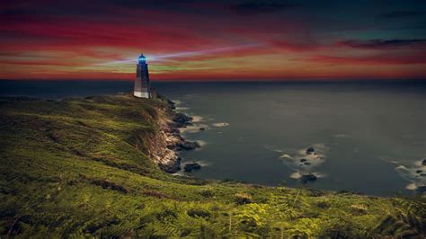 Lighthouse Wallpaper 4k Coastline Ocean Purple Sky Evening