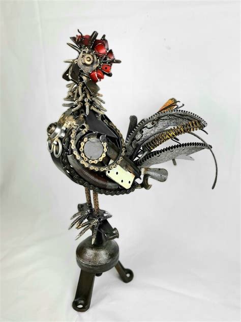 Reclaimed Scrap Metal Sculpture Art Perched Crowing Rooster Etsy