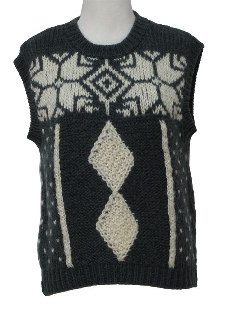 80s Retro Sweater 80s Handknit Womens Dark Grey And White Acrylic