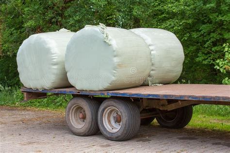 Trailer With Plasticized Hay Rolls Stock Image Image Of Harvesting