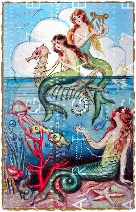 Art Deco Mermaids Riding A Sea Horse Flapper Mermaids Etsy