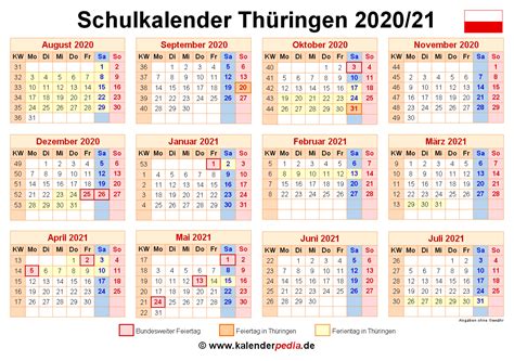 Här kan du online se kalender 2021. Schulkalender 2020/2021 Thüringen für PDF