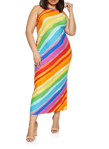 Plus Size Rainbow Striped High Neck Maxi Dress Rainbow