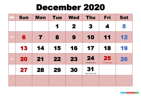 December 2020 Printable Monthly Calendar With Holidays
