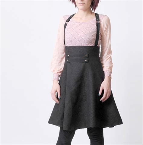 High Waisted Skirt With Suspenders Perforated Black Faux Suede