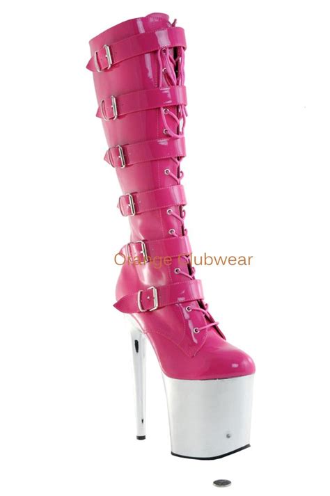 pleaser hot pink multi buckle strap high heels chrome platform knee boots size 9 ebay