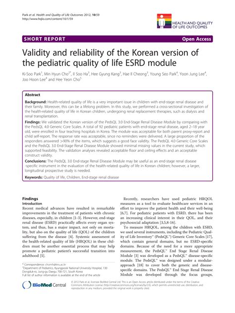 Pdf Validity And Reliability Of The Korean Version Of The Pediatric