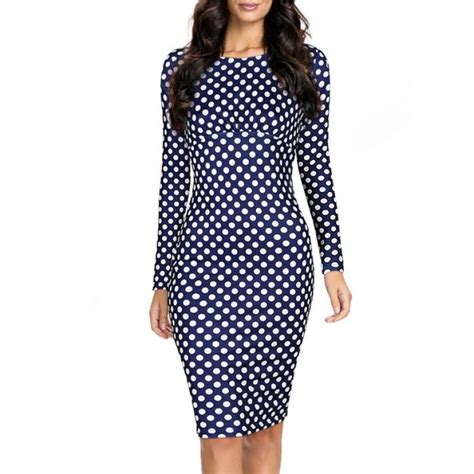 Oxiuly Women Vintage Polka Dot Print Long Sleeve Knee Length Casual Stretchy Bodycon Pencil Dresses