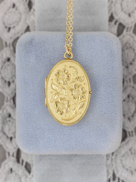 Reserved Gold Filled Oval Locket Necklace Embossed Vintage Picture